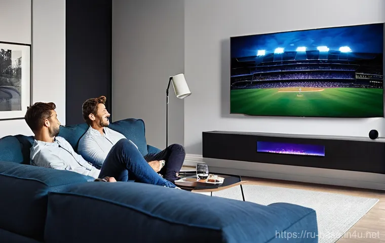 야구 TV 중계 보는 팁 - **Prompt:** A cozy, modern living room at twilight, bathed in the soft glow of a large, high-definit...