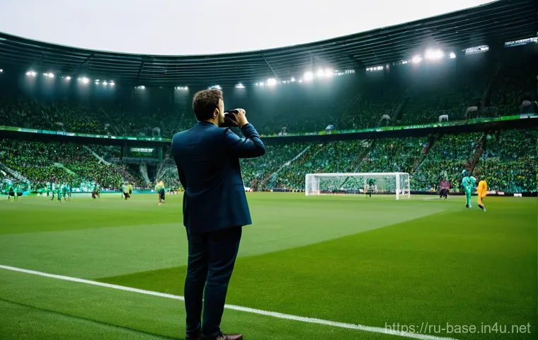 야구장의 좌석 선택 요령 - **Prompt for an Analytical Spectator at a Football Match:**
"A wide-angle shot from a high vanta...