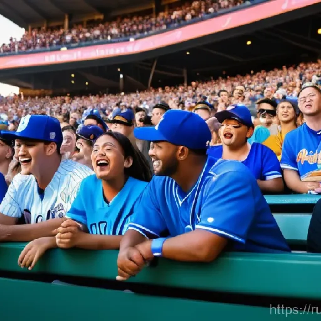 야구 경기에 적합한 음악 플레이리스트 - **"Emotional Anchor for Fans"**: A vibrant, wide-angle shot of a diverse crowd of baseball fans in a...