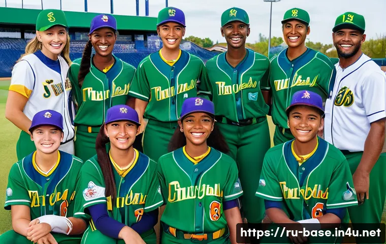 야구 유니폼 맞춤 제작 가이드 - **A diverse baseball team, including male and female players, stands united and proud on a vibrant g...