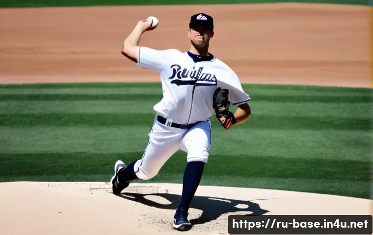 야구 스트라이크 존 이해하기 - A professional baseball pitcher in mid-throw on a sunny MLB stadium field, wearing a full uniform wi...