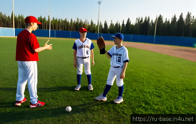 Home 15 야구 경기를 활용한 팀워크 훈련 - Photorealistic youth baseball teamwork training on a well-kept local field in Russia, diverse teenag...
